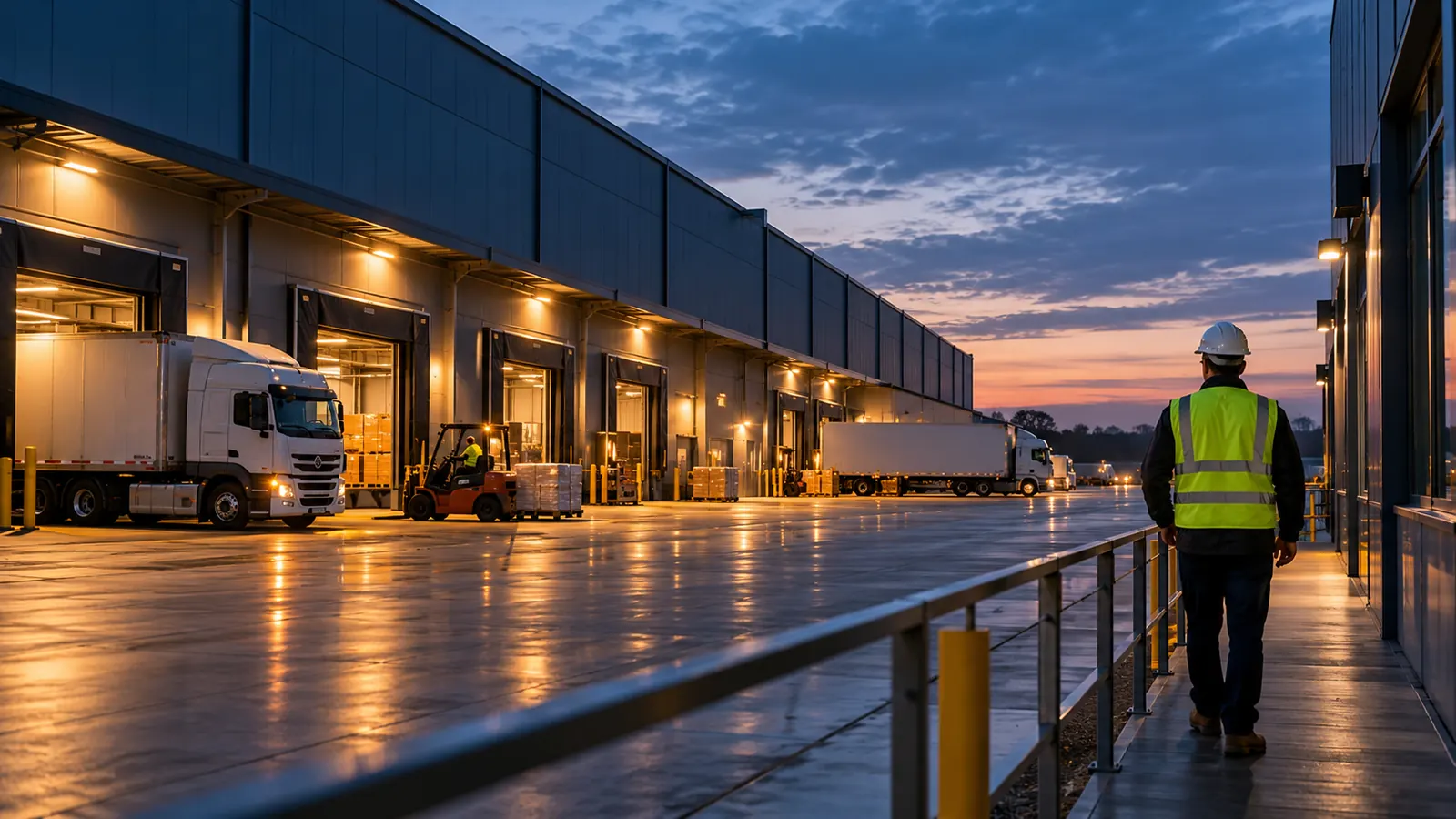 Supervisor overlooking distribution loading bays at dusk