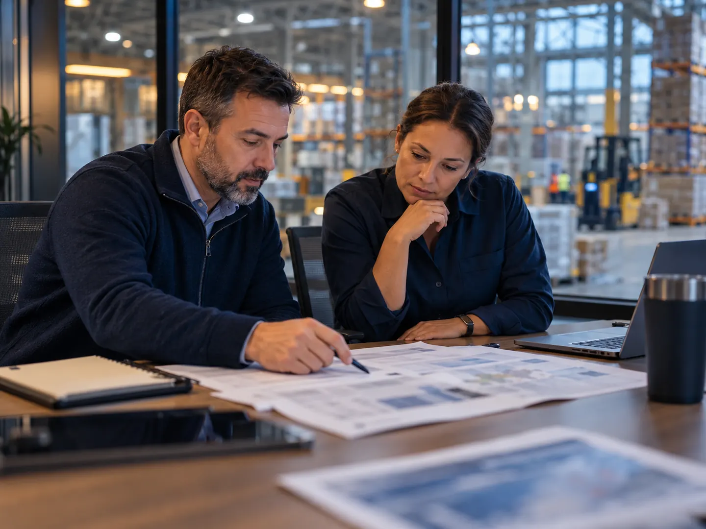 Operations managers reviewing continuity plans above a warehouse