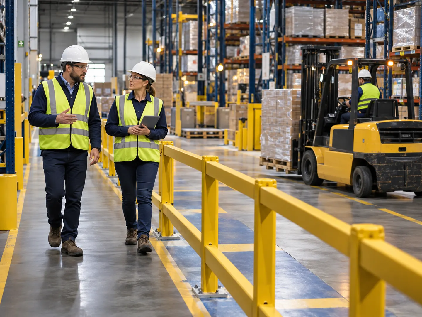 Warehouse supervisors separated from forklift traffic by safety barriers
