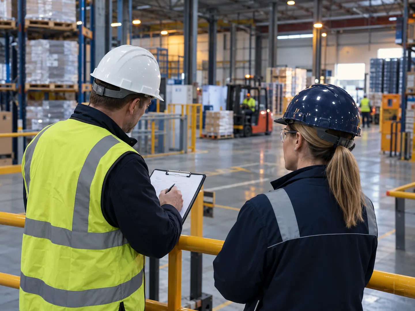 Assessors reviewing warehouse processes from a protected walkway
